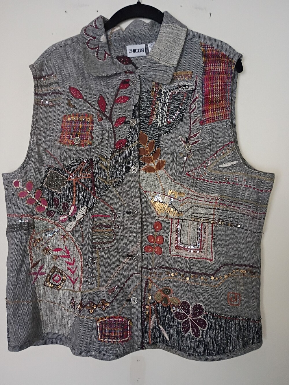 Chico's Boho Autumn Fall Motif Embroidered Applique Vest Size XL